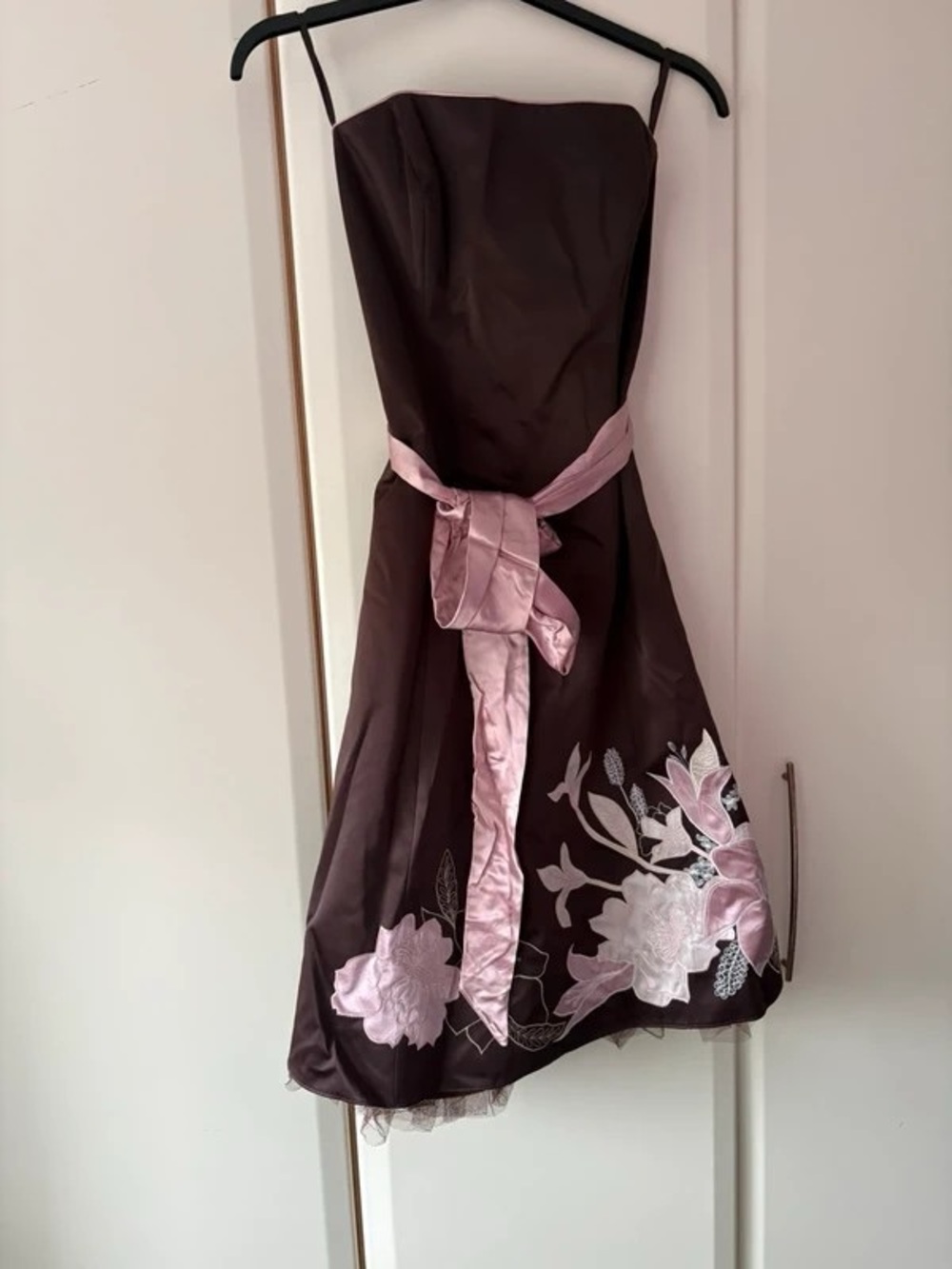Strapless Brown Midi Dress with Pink Sash and Floral Appliqué
